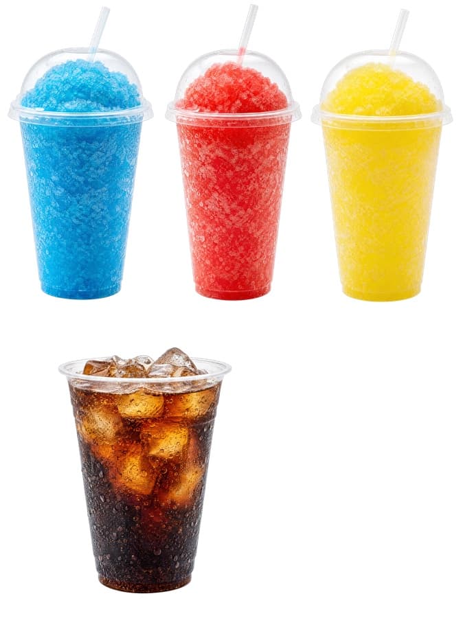 Granités bleu, rouge et jaune et boisson fraîche servis au stand MegaKart